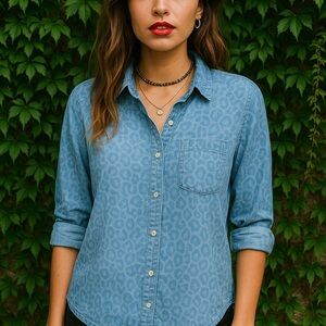 SOFT SURROUNDINGS Leopard Print Chambray Button-Front Shirt, 1X